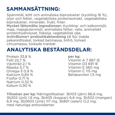 Sammansättning: spannmål, kött och animaliska biprodukter (kyckling 16 %), oljor, fetter, mineraler, frukt, fröer. Analytiska beståndsdelar: protein 33,8 %, fett 22,7 %, vitaminer och mineraler.