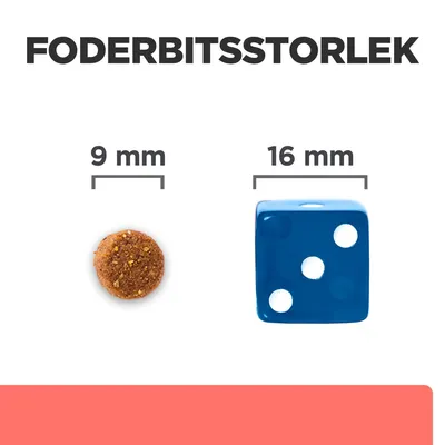 Foderbitsstorlek: foderbit 9 mm bredvid en blå tärning 16 mm som storleksjämförelse. Text: FODERBITSSTORLEK, 9 mm, 16 mm.