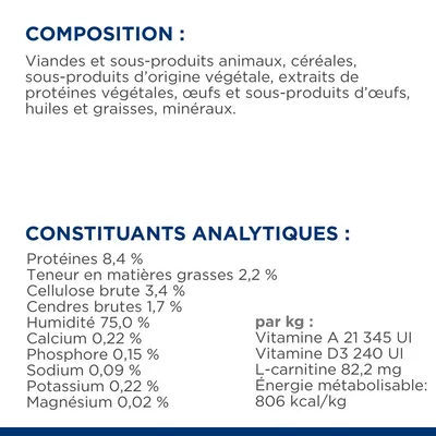 Composition : viandes, sous-produits animaux et végétaux, céréales, œufs, huiles, minéraux. Constituants analytiques : protéines 8,4 %, matières grasses 2,2 %, humidité 75 %, énergie 806 kcal/kg.