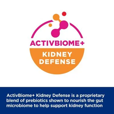 Text: ACTIVBIOME+ KIDNEY DEFENSE. ActivBiome+ Kidney Defense is a proprietary blend of prebiotics shown to nourish the gut microbiome to help support kidney function (engelska).