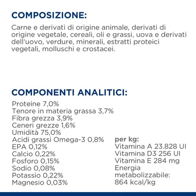 Composizione: carne e derivati animali, vegetali, cereali, oli, grassi, uova, verdure, minerali, estratti proteici, molluschi, crostacei. Analisi: proteine 7 %, grassi 3,7 %, umidità 75 %, energia 864 kcal/kg.