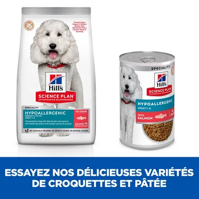 Hill’s Science Plan Hypoallergenic croquettes et pâtée pour chien adulte, saumon, sans céréales. Texte : Essayez nos délicieuses variétés de croquettes et pâtée.