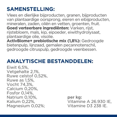 Samenstelling: vlees, dierlijke bijproducten, granen, groenten, fruit. Analytische bestanddelen: eiwit 6,5%, vetgehalte 2,1%, vocht 74,3%. Vitamine A 26.930 IE, D3 238 IE per kg.