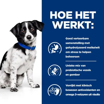 Hoe het werkt: goed verteerbare samenstelling met gehydrolyseerd melkeiwit, unieke mix van prebiotische vezels en gember, verrijkt met antioxidanten en omega 3-vetzuren uit visolie.
