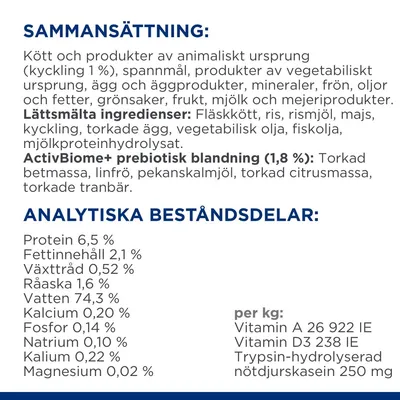 Sammansättning: kött, animaliska produkter (kyckling 1 %), spannmål, vegetabiliska produkter, ägg, mineraler. Analys: protein 6,5 %, fett 2,1 %, vatten 74,3 %, vitaminer och mineraler.