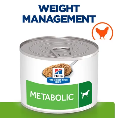 Hill's Prescription Diet Metabolic dog food tin, green label with dog icon, text 'WEIGHT MANAGEMENT' above, chicken symbol shown. Visible product name and branding included.