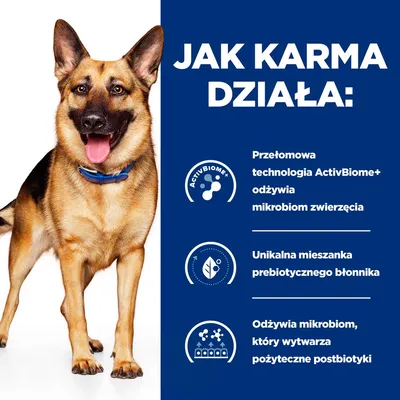 Jak karma działa: Przełomowa technologia ActivBiome+ odżywia mikrobiom zwierzęcia. Unikalna mieszanka prebiotycznego błonnika. Odżywia mikrobiom, który wytwarza pożyteczne postbiotyki.