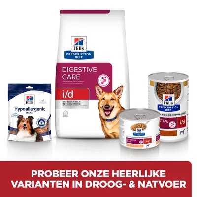 Hill's Prescription Diet Digestive Care i/d droogvoer, natvoer en Hypoallergenic Treats voor honden. Probeer onze heerlijke varianten in droog- & natvoer.