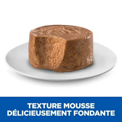 Pâtée pour animaux en forme de cylindre sur une assiette blanche, texte visible : Texture mousse délicieusement fondante