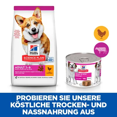 Hill's Science Plan Adult 1-6 Small & Mini bis 10 kg, Trockenfutter mit Huhn und Nassfutter mit Rind. Probieren Sie köstliche Trocken- und Nassnahrung aus.