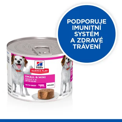 Konzerva Hill's Science Plan Small & Mini Adult 1–6 up to 10 kg with beef mousse. Text: Podporuje imunitní systém a zdravé trávení.