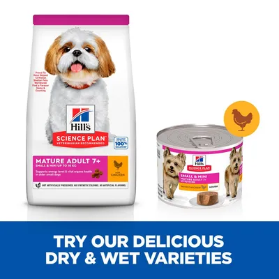 Hill's Science Plan Mature Adult 7+ dry and wet food with chicken for small and mini breeds, shown in bag and can. Text: Try our delicious dry & wet varieties.