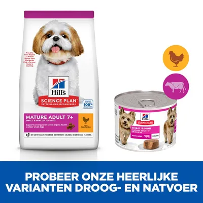 Hill's Science Plan Mature Adult 7+ Small & Mini droogvoer kip en natvoer rund, verpakking met hondenafbeelding. Tekst: Probeer onze heerlijke varianten droog- en natvoer.