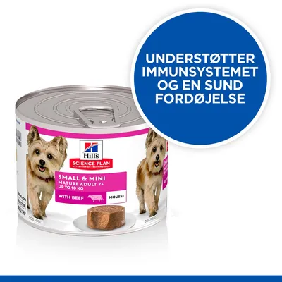 Hill's Science Plan Small & Mini Mature Adult 7+ Up to 10 kg With Beef Mousse hundemad dåse. Tekst: Understøtter immunsystemet og en sund fordøjelse.