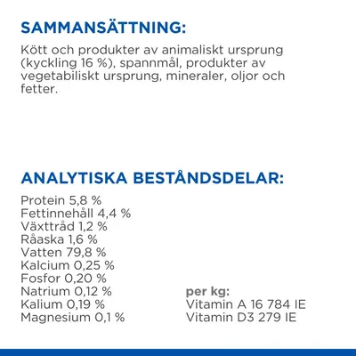 Sammansättning: kött och produkter av animaliskt ursprung (kyckling 16 %), spannmål, vegetabiliska produkter, mineraler, oljor, fetter. Analys: protein 5,8 %, fett 4,4 %, vatten 79,8 %.