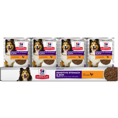 Hill's Science Plan Sensitive Stomach & Skin Adult 1–6 with Chicken våtfoder för hund, fyra burkar i förpackning. Text: Sensitive Stomach & Skin, with Chicken.