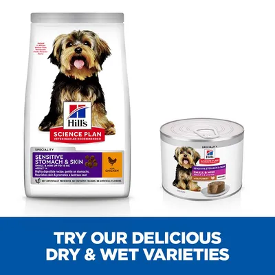 Hill's Science Plan Sensitive Stomach & Skin dry and wet food for small and mini breeds, with chicken or turkey. Text: Try our delicious dry & wet varieties.