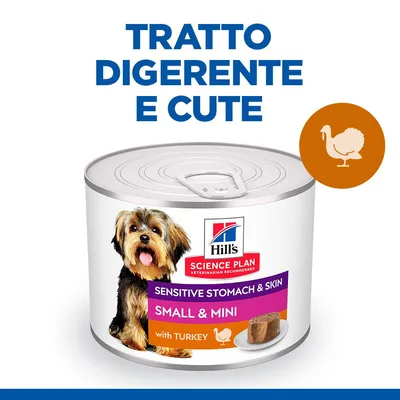 Hill's Science Plan Sensitive Stomach & Skin Small & Mini with Turkey, lattina con cane, testo: tratto digerente e cute, simbolo tacchino visibile sull'etichetta.