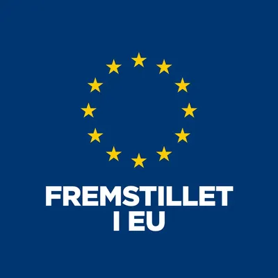 FREMSTILLET I EU med 12 gule stjerner i cirkel på blå baggrund. Tekst og symbol indikerer europæisk produktion.