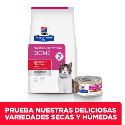 Hill's Prescription Diet Gastrointestinal Biome para gatos, pienso y lata húmeda. Texto: Prueba nuestras deliciosas variedades secas y húmedas.
