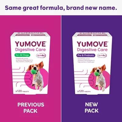 YUMOVE Digestive Care 120 tablets, previous pack labelled 'for All Dogs', new pack labelled 'Pre & Probiotic'. Text: Same great formula, brand new name.