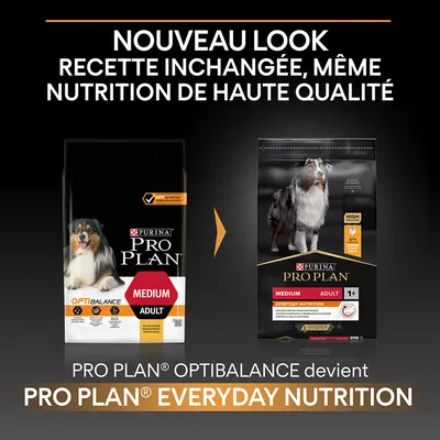 Nouveau look pour Purina Pro Plan Medium Adult : OptiBalance devient Everyday Nutrition, recette inchangée, même nutrition de haute qualité. Deux sacs visibles avec design différent.