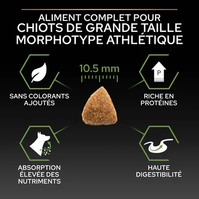 Aliment complet pour chiots de grande taille morphotype athlétique, croquette 10,5 mm, sans colorants ajoutés, riche en protéines, absorption élevée des nutriments, haute digestibilité.