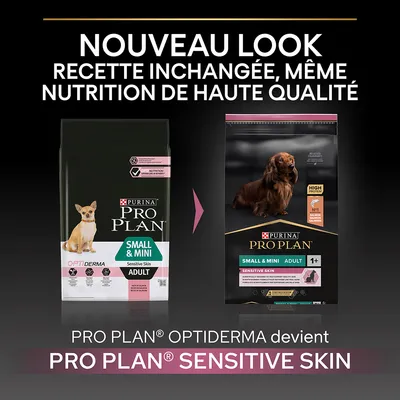 Nouveau look pour PURINA PRO PLAN Small & Mini Adult Sensitive Skin : OPTIDERMA devient SENSITIVE SKIN, recette inchangée, même nutrition de haute qualité. Deux paquets visibles.
