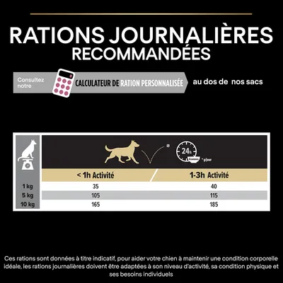 Tableau des rations journalières recommandées pour chiens : 1 kg 35–40 g, 5 kg 105–115 g, 10 kg 165–185 g selon activité. Calculateur de ration personnalisée mentionné.