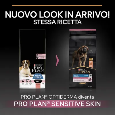 Nuovo look in arrivo! Stessa ricetta. PRO PLAN OPTIDERMA diventa PRO PLAN SENSITIVE SKIN. Immagine di due confezioni di crocchette per cani adulti Purina Pro Plan Large Robust Sensitive Skin.
