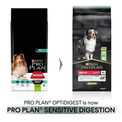 Pakkausmuutos: Purina Pro Plan Medium Adult Sensitive Digestion koiranruoka, vanha ja uusi pakkaus. Teksti: PRO PLAN OPTIDIGEST on nyt PRO PLAN SENSITIVE DIGESTION.