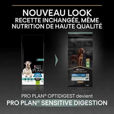 Nouveau look, recette inchangée. PRO PLAN OPTIDIGEST devient PRO PLAN SENSITIVE DIGESTION pour chien adulte large athletic. Deux sacs montrés avec anciens et nouveaux designs.