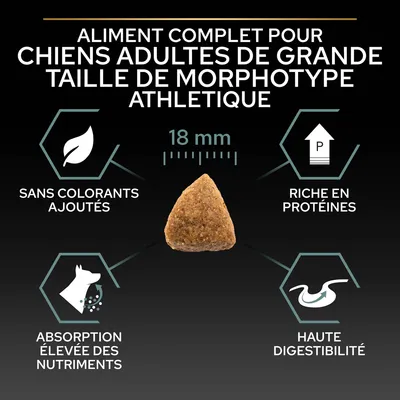 Aliment complet pour chiens adultes de grande taille morphotype athlétique, croquette 18 mm, sans colorants ajoutés, riche en protéines, absorption élevée des nutriments, haute digestibilité.
