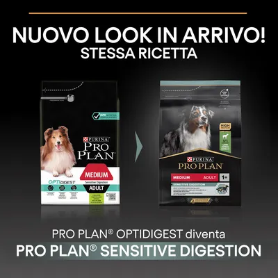 Nuovo look in arrivo per Purina Pro Plan Medium Adult Sensitive Digestion: da Optidigest a Sensitive Digestion. Stessa ricetta, confezioni mostrate con cani e testi visibili.