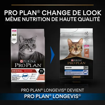Visuel montrant l’ancien et le nouveau packaging Purina Pro Plan Senior 7+ pour chat, mentionnant : Pro Plan LongevIS devient Pro Plan Longevis, même nutrition de haute qualité.