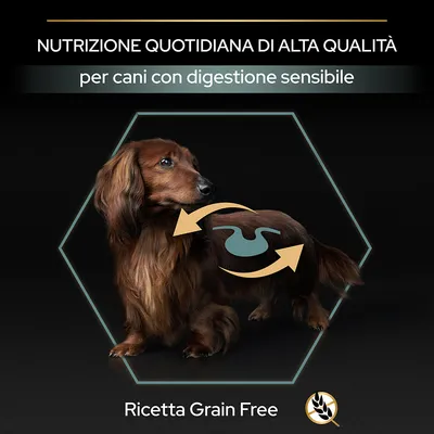 Nutrizione quotidiana di alta qualità per cani con digestione sensibile. Ricetta Grain Free.