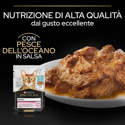 Purina Pro Plan Adult Delicate Digestion, pesce dell’oceano in salsa. Nutrizione di alta qualità dal gusto eccellente. Immagine di bocconcini in salsa su piatto.