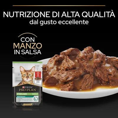 Purina Pro Plan Sterilised Adult Maintenance, alimento per gatti con manzo in salsa. Testo: nutrizione di alta qualità dal gusto eccellente, con manzo in salsa.