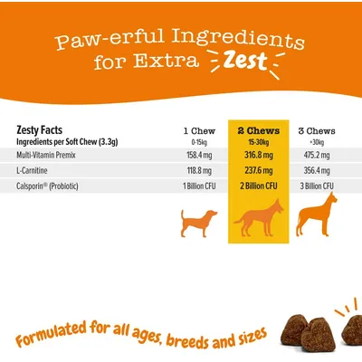 Feeding guide showing 1 chew for up to 15kg, 2 chews for 15-30kg, 3 chews for over 30kg. Ingredients per chew: multi-vitamin premix, L-carnitine, Calsporin probiotic. For all ages, breeds and sizes.