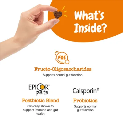 Text: What's Inside? FOS Fructo-Oligosaccharides, Epicor pets Postbiotic Blend, Calsporin Probiotics. Podpora normálnej črevnej funkcie a imunity. Text v angličtine.
