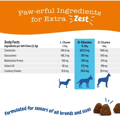Feeding guide showing ingredient amounts per chew and recommended chews by weight: 1 for 0-15kg, 2 for 15-30kg, 3 for over 30kg. Formulated for seniors of all breeds and sizes.