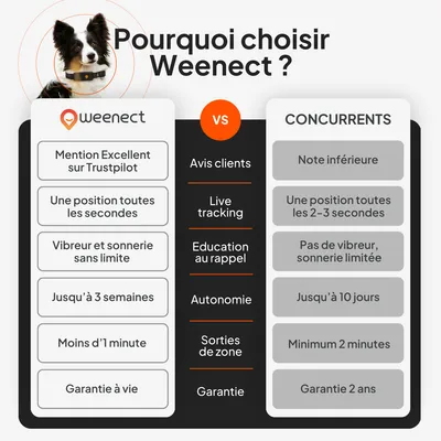Comparaison Weenect vs concurrents : note Trustpilot, précision de localisation, fonction vibration, autonomie de la batterie, temps de réaction et conditions de garantie.