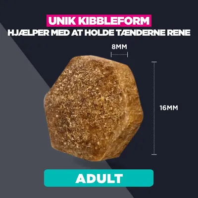 Unik kibbleform, hjælper med at holde tænderne rene. Mål: 8 mm x 16 mm. Adult.