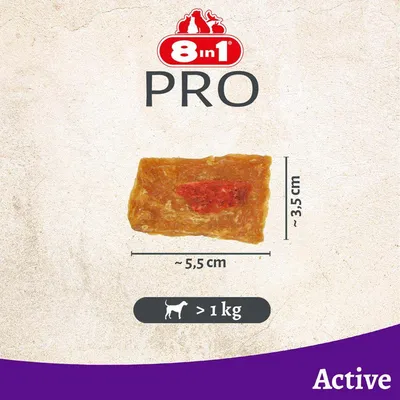 8in1 PRO Snack, ca. 5,5 x 3,5 cm stor, anbefales til hunde over 1, kg, variant Active. 8in1 PRO Snack, ca. 5,5 x 3,5 cm stor, anbefales til hunde over 1, kg, variant Active.