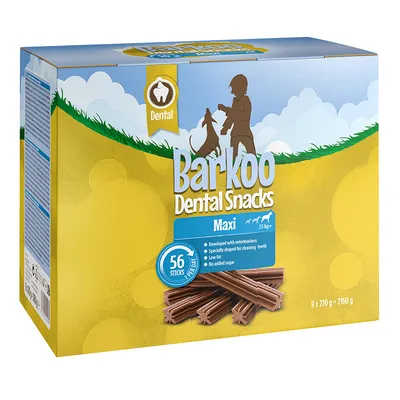 Barkoo Dental Snacks Maxi, 56 sticks. Developed with veterinarians, specially shaped for cleaning teeth, low fat, no added sugar. Pack weight 8 x 270g = 2160g.