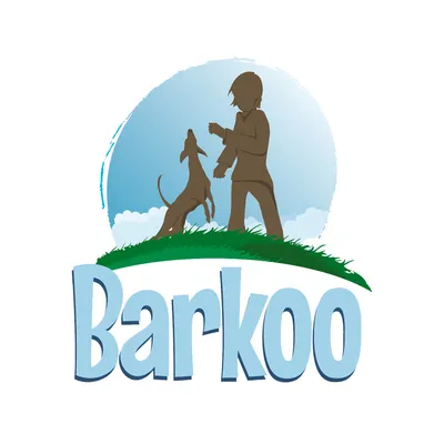Barkoo. Logotyp med siluett av en hund och en person på en grön kulle mot blå himmel.