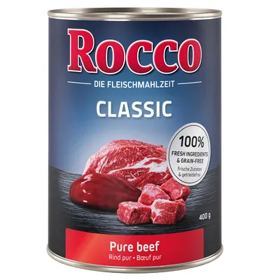 Rocco Classic Pure beef, 400 g. Teksti: 100% fresh ingredients & grain-free, frische Zutaten & getreidefrei. Kuvassa naudanlihaa ja punainen etiketti.