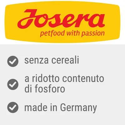 Josera petfood with passion. Senza cereali, a ridotto contenuto di fosforo, made in Germany.