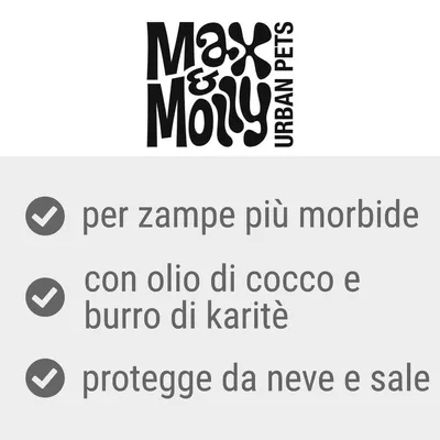 Max & Molly Urban Pets. Per zampe più morbide, con olio di cocco e burro di karitè, protegge da neve e sale.