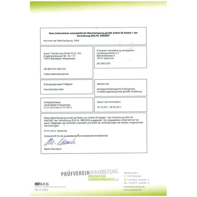 Certificaat voor bosch Tiernahrung GmbH & Co. KG, DE-BW-007-05519-E, diervoederproducent, geldig 27.01.2012–31.01.2013, uitgegeven door Prüfverein Verarbeitung ökologische Landbauprodukte e.V., DE-ÖKO-007.